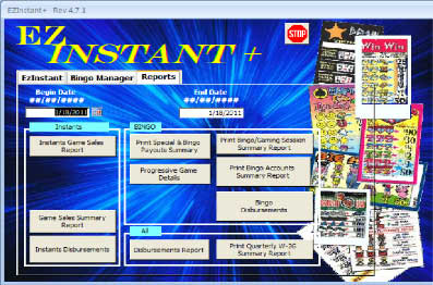 Easy to Use Windows Program for Date Sensitive Instant Ticket, Bingo Reporting, 
and Disbursements